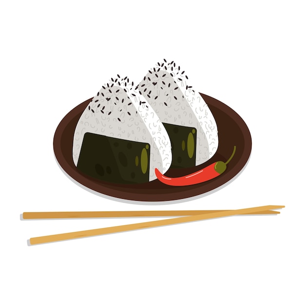 Vector onigiri en un plato con pimienta de cayena