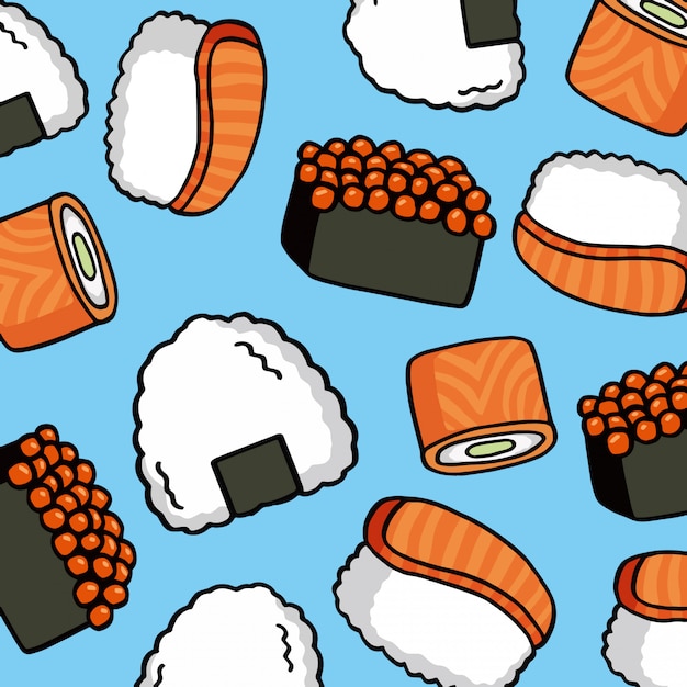Onigiri y sushi patrón de doodle inconsútil