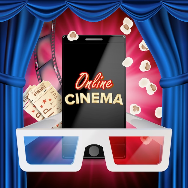 Online cine banner vector. teléfono inteligente realista. cortina azul teatro. cine en linea