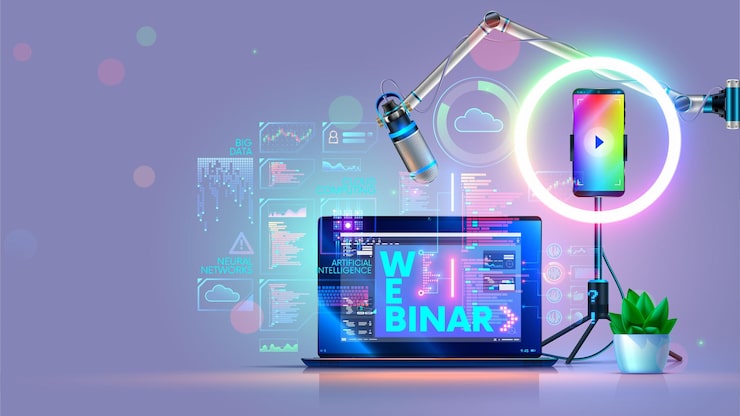 Vector online education webinar concept remote learning of computer technology programming coding training on laptop at tutorial in internet web conferencing tools on screen computer elearning