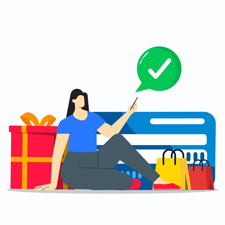 Vector online payment successful concept a woman paying giftbox and shopping bags as online with card