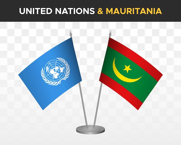 ONU Naciones Unidas vs Mauritania escritorio banderas maqueta aislado 3d vector ilustración mesa banderas