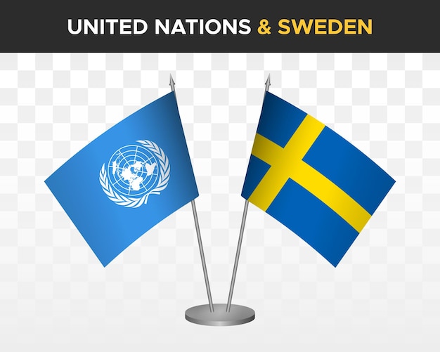 ONU Naciones Unidas vs Suecia escritorio banderas maqueta aislado 3d vector ilustración mesa banderas