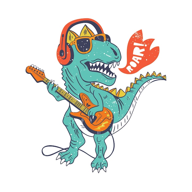 Ool dinosaurio tocando la guitarra dibujo ilustración