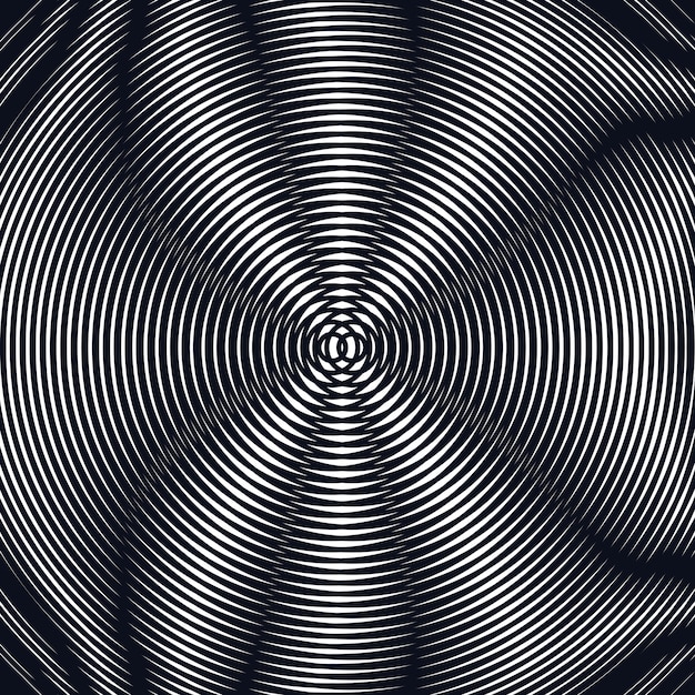 Op art, patrón muaré. Fondo hipnótico relajante con líneas negras geométricas.