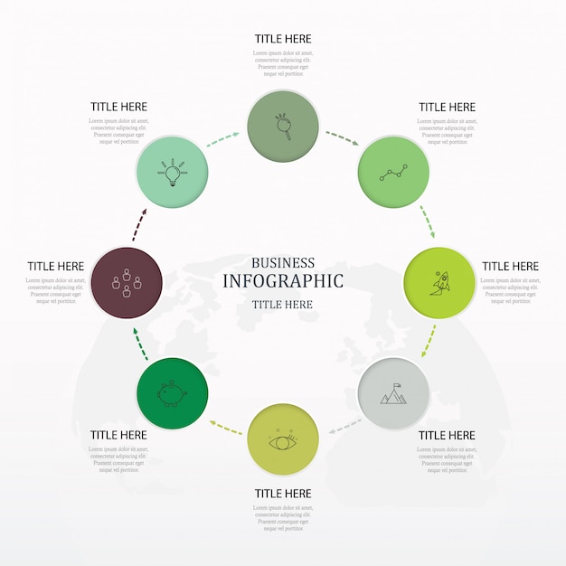Opción del círculo 6 o pasos e iconos para el concepto de negocio y el mapa del mundo de fondo.