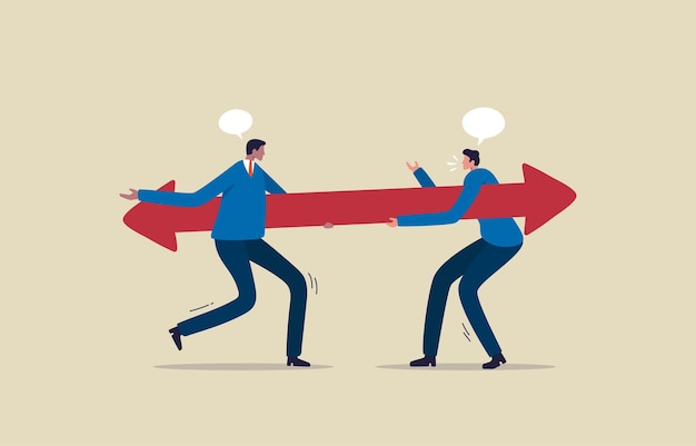 Opciones y encontrar o elegir el camino correcto Diferente dirección comercial o conflicto de equipo Dos hombres de negocios sosteniendo una flecha corriendo en posición opuesta Ilustración