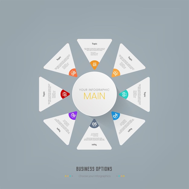 Opciones de gráfico de proceso infográfico con paneles rojos, azules y amarillos. Plantillas de infografía.