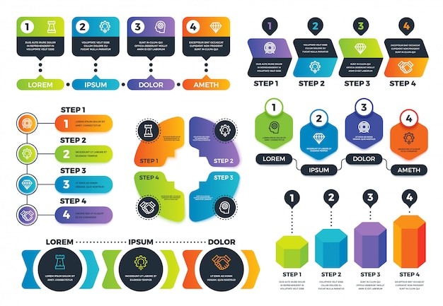 Opciones de infografía. Diagramas de flechas, cuadros de procesos abstractos e infografías de estrategia con pasos. Plantilla de vector de presentación de negocios