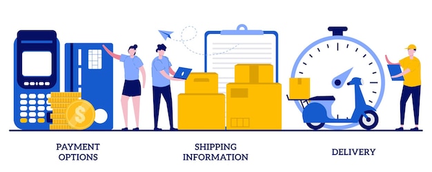 Opciones de pago, información de envío, concepto de entrega con gente pequeña. Conjunto de compras en línea. Compra de la tienda de Internet e paga, metáfora del envío del pedido.