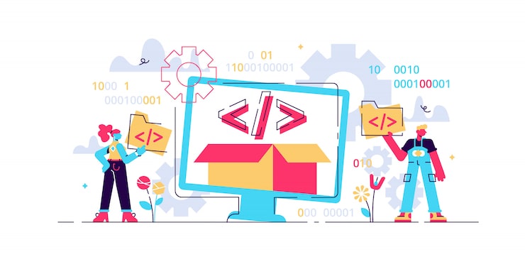 Vector open source  illustration.  tiny programming language persons concept. developer protocol platform interface with code information. digital software script, text, signs and computer data.