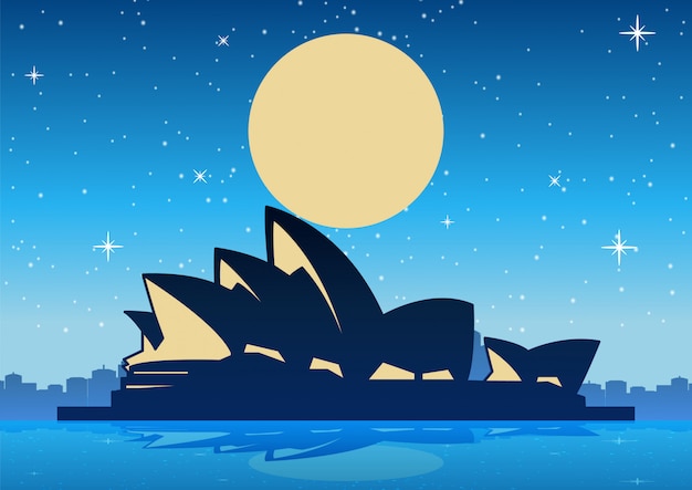 Vector Ópera de sydney en la noche y luna grande