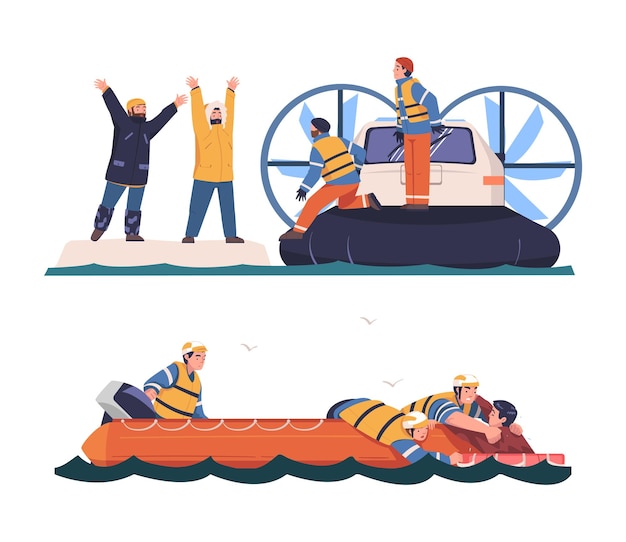 Operación de emergencia de rescate y salvamento de vidas con un equipo en barco que saca a un hombre del agua y los encuentra