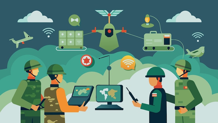Vector una operación militar donde los soldados usan sistemas de comunicación avanzados y inteligencia compartida para