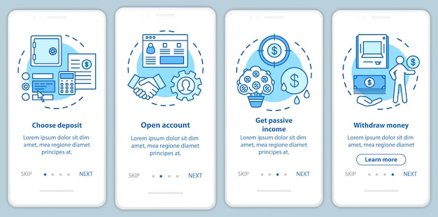 Operaciones de depósito bancario que incorporan la pantalla de la página de la aplicación móvil con conceptos lineales. Servicio bancario. Instrucciones gráficas de cuatro pasos de recorrido. UX, UI, plantilla vectorial GUI con ilustraciones