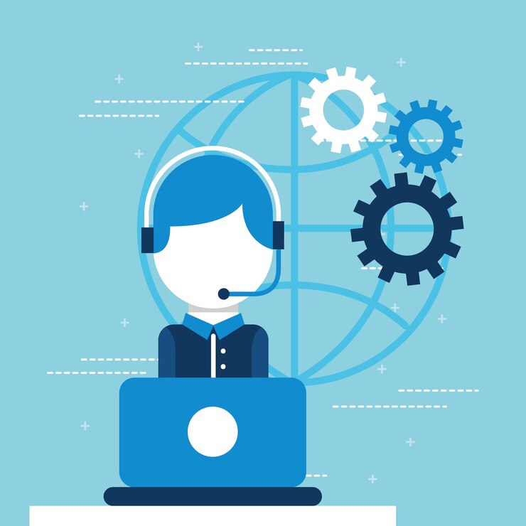Vector operador con auriculares usando servicio al cliente de la computadora portátil