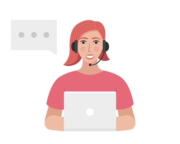 El operador del centro de llamadas con auriculares está escribiendo en la computadora portátil. Mujer hablando
