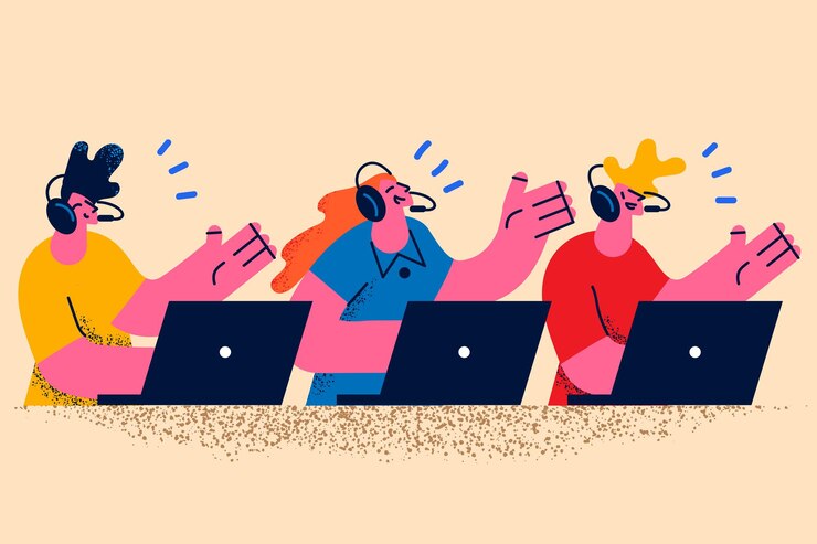 Vector operador de cliente y concepto de trabajo con clientes. grupo sonriente de jóvenes sentados en computadoras portátiles agitando las manos en auriculares comunicándose con clientes clientes en línea ilustración vectorial