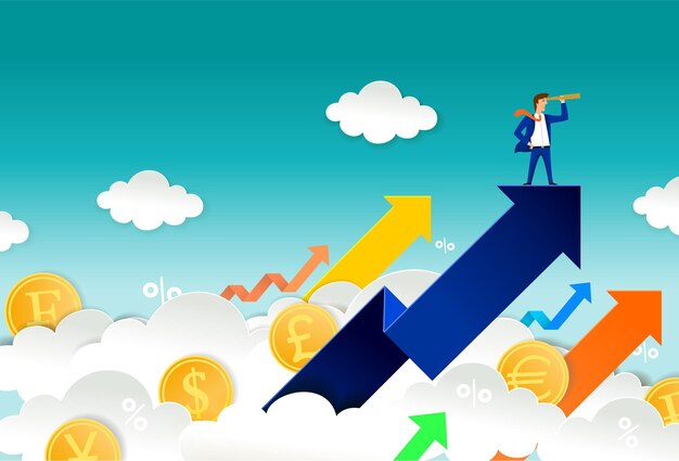 Operador de divisas mirando a través del telescopio mientras está de pie en la flecha hacia arriba. Ilustración de corte de papel de vector. Mercado de valores, concepto de inversión y comercio para banner web, página web, etc.