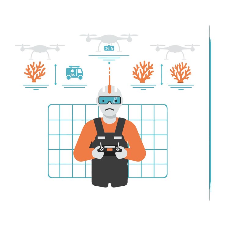 Vector operador de drones masculino con casco y gafas de protección controlando drones en una ilustración vectorial de estilo plano mínimo