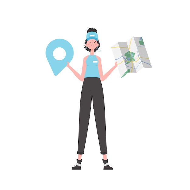 Operador de entrega de agua de niña sosteniendo un mapa El personaje elegante se representa en pleno crecimiento aislado sobre fondo blanco Vector