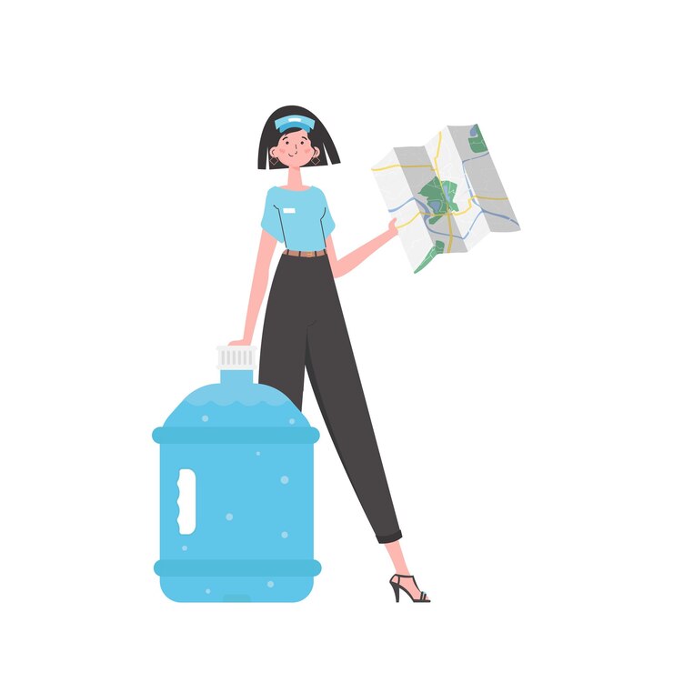 Vector operador de entrega de agua de niña sosteniendo un mapa el personaje se representa en pleno crecimiento aislado sobre fondo blanco vector