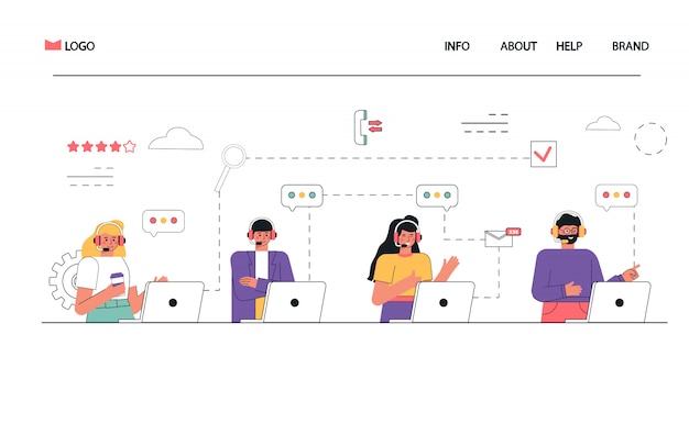 Operador de línea directa de personas grupales con auriculares y micrófono con computadora portátil: chat, centro de llamadas, soporte, comentarios, asistencia.