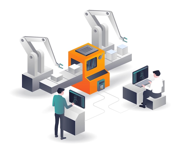 Vector operador de máquina cnc 3d en diseño isométrico