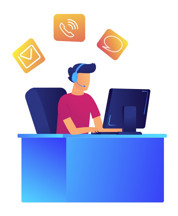 Vector operador masculino con auriculares en el centro de atención al cliente ilustración vectorial.