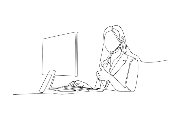 Operador de mujer de dibujo de una sola línea con auriculares y computadora hace un gesto con el pulgar hacia arriba Concepto de servicio al cliente Ilustración de vector gráfico de diseño de dibujo de línea continua