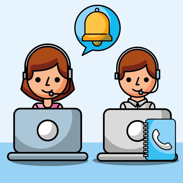Vector operador, mujer y hombre, usar, computadora portátil, servicio al cliente