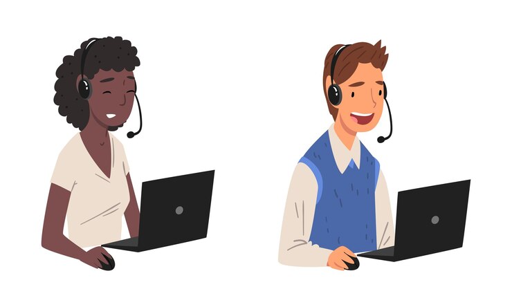 Vector operador de la oficina del centro de llamadas sentado frente a la computadora portátil trabajando en auriculares conjunto vectorial