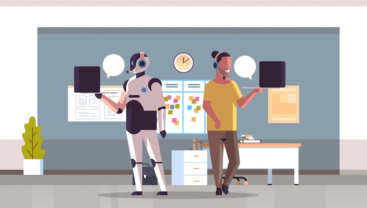 Vector operador robótico con consultor hombre usando laptop chat burbuja cliente soporte robot vs humano de pie juntos call center office interior inteligencia artificial concepto integral horizontal