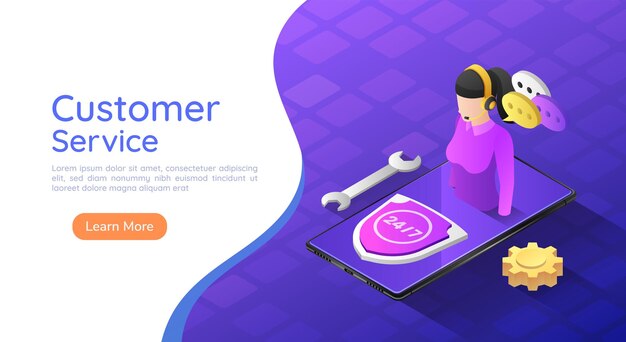 Operador de servicio al cliente femenino de banner web isométrico 3d en teléfono inteligente. Concepto de asistencia de soporte y servicio al cliente
