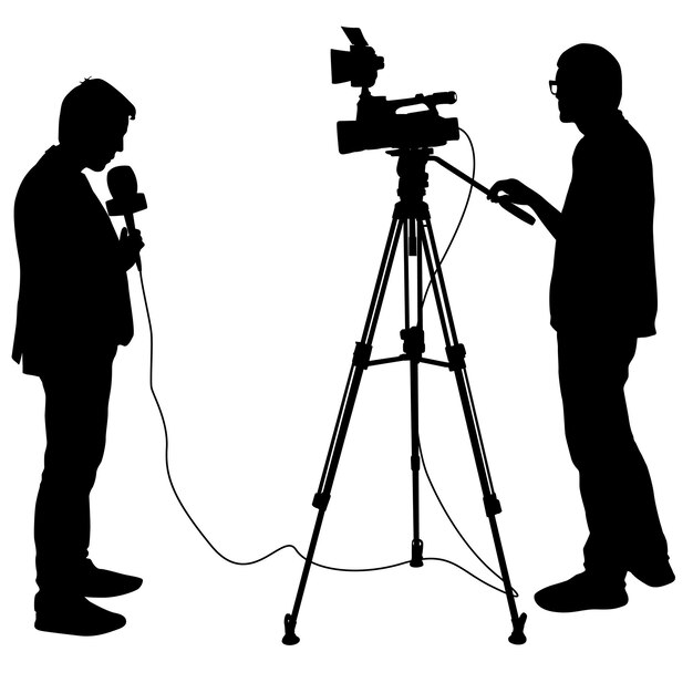 Operador de silueta elimina periodista con micrófono sobre un fondo blanco.