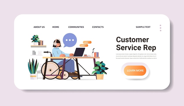 Operadora discapacitada con auriculares en silla de ruedas chica charlando con clientes representante de servicio al cliente personas con discapacidad concepto copia horizontal espacio vector ilustración