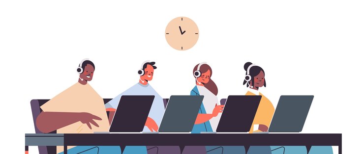 Vector operadores con auriculares charlando con clientes agentes del centro de llamadas que trabajan en la oficina retrato de servicio de atención al cliente