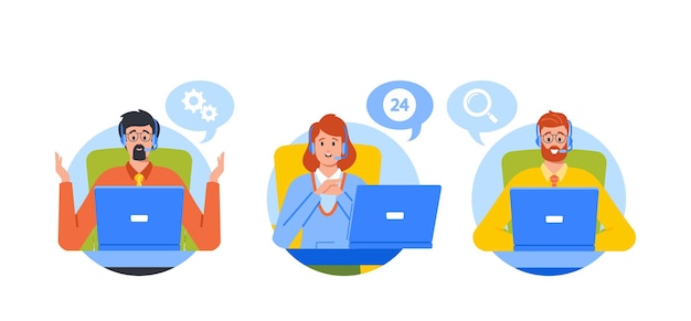 Los operadores de línea directa ayudan a los clientes en línea Los operadores de servicio al cliente consultan a las personas con auriculares en las computadoras en línea
