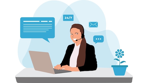 Los operadores de la línea directa de servicio al cliente consultan a los clientes con auriculares en computadoras 247 global en línea
