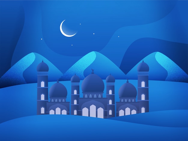 Opinión de la noche de una mezquita en luz de luna creciente en el fondo del desierto y de las montañas, concepto para el mes sagrado islámico de la celebración del festival de ramadan kareem o de eid mubarak.