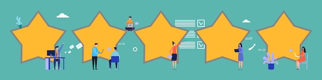 Opiniones de los usuarios. Comentarios, ilustración plana de cinco estrellas. Calificación, gente pequeña y plana escribe reseñas. Servicio de revisión de calificaciones, comentarios de los clientes