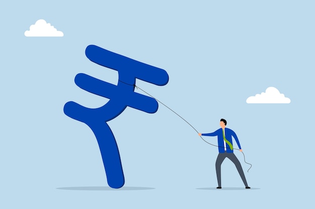 Oportunidad de inversión india empresario exitoso inversor está sosteniendo un gran símbolo de la moneda de la rupia india