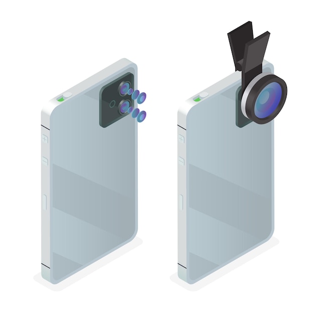 Óptica de teléfono móvil portátil para fotografía y filmación de video conjunto ilustración vectorial isométrica