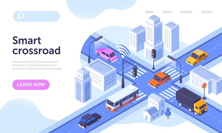 Vector optificación del control remoto y la automatización de la gestión de la conexión inalámbrica del concepto de cruce de carreteras inteligente