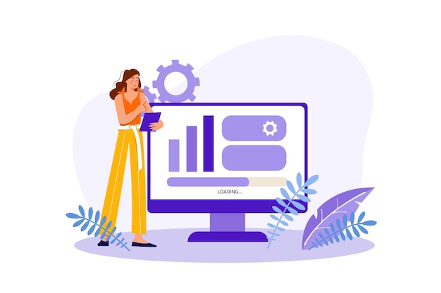 Optimice el concepto del sitio web con la escena de la gente en el estilo de dibujos animados planos La mujer optimiza el sitio web ajusta su estructura y edita el contenido Ilustración vectorial