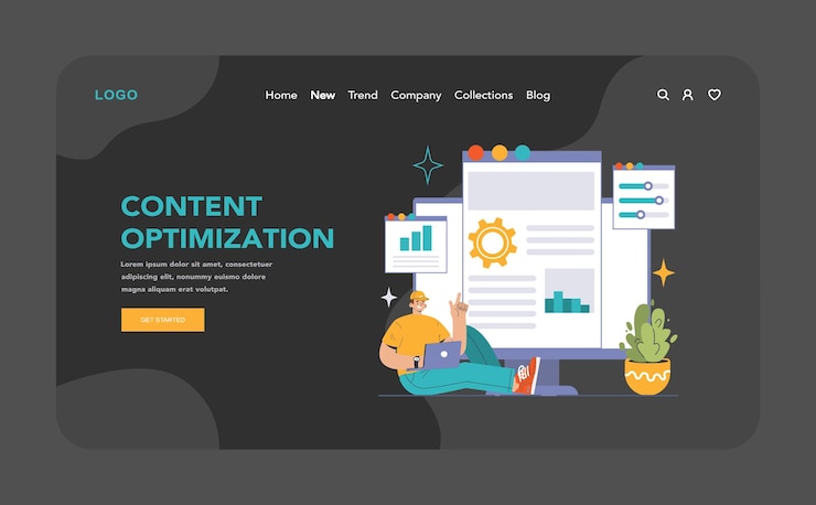 Vector optimización de contenido modo oscuro o nocturno aterrizaje web análisis y mejora de la información del sitio web