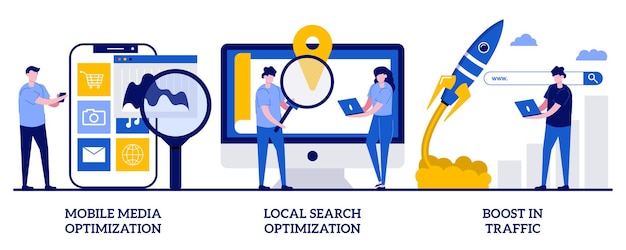 Optimización de medios móviles, búsqueda local, impulso de tráfico. estrategia de seo, conjunto de orientación de motores de búsqueda