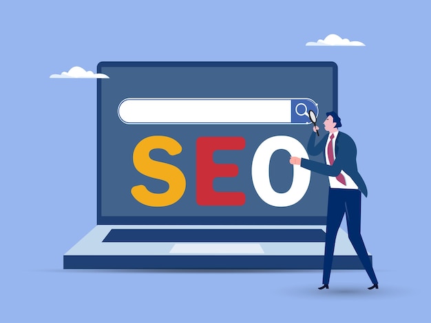 Optimización de motores de búsqueda SEO publicidad o marketing de resultados de búsqueda de sitios web para impulsar el ranking web o el concepto de descubrimiento de usuarios empresario sostiene una lupa en el cuadro de búsqueda de flecha ascendente SEO