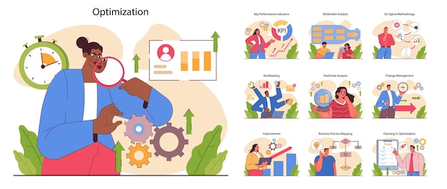La optimización de los procesos empresariales establece un empleado productivo con un método de trabajo eficiente para el rendimiento