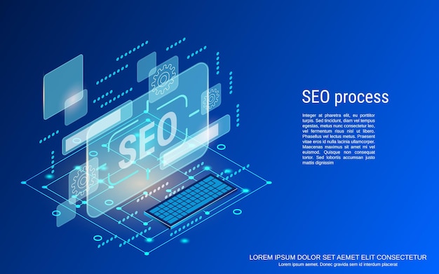 Optimización SEO, búsqueda de información, análisis de datos ilustración de concepto de vector isométrico 3d plano